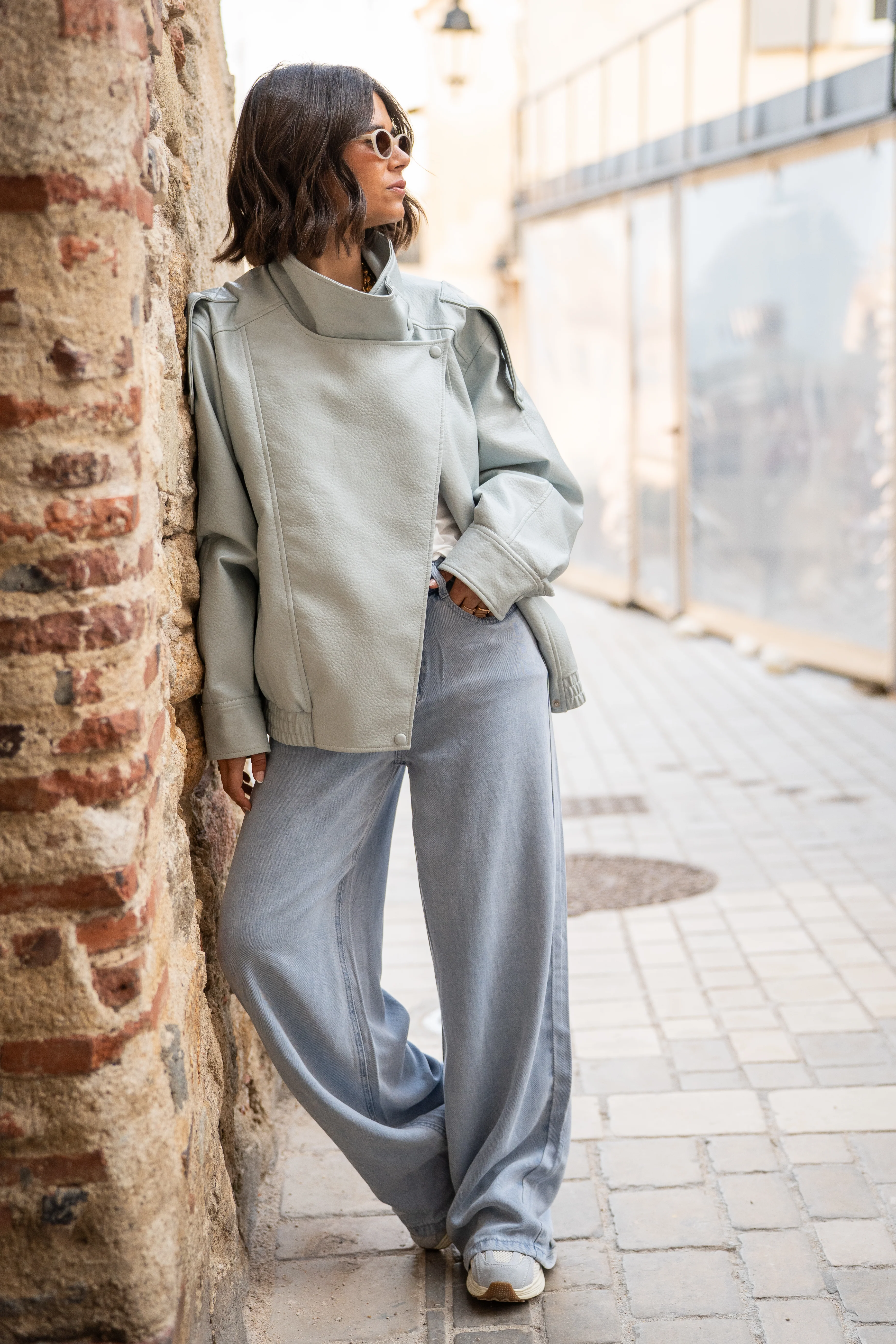 Bombers COL MONTANT façon cuir bleu ciel - Image 2