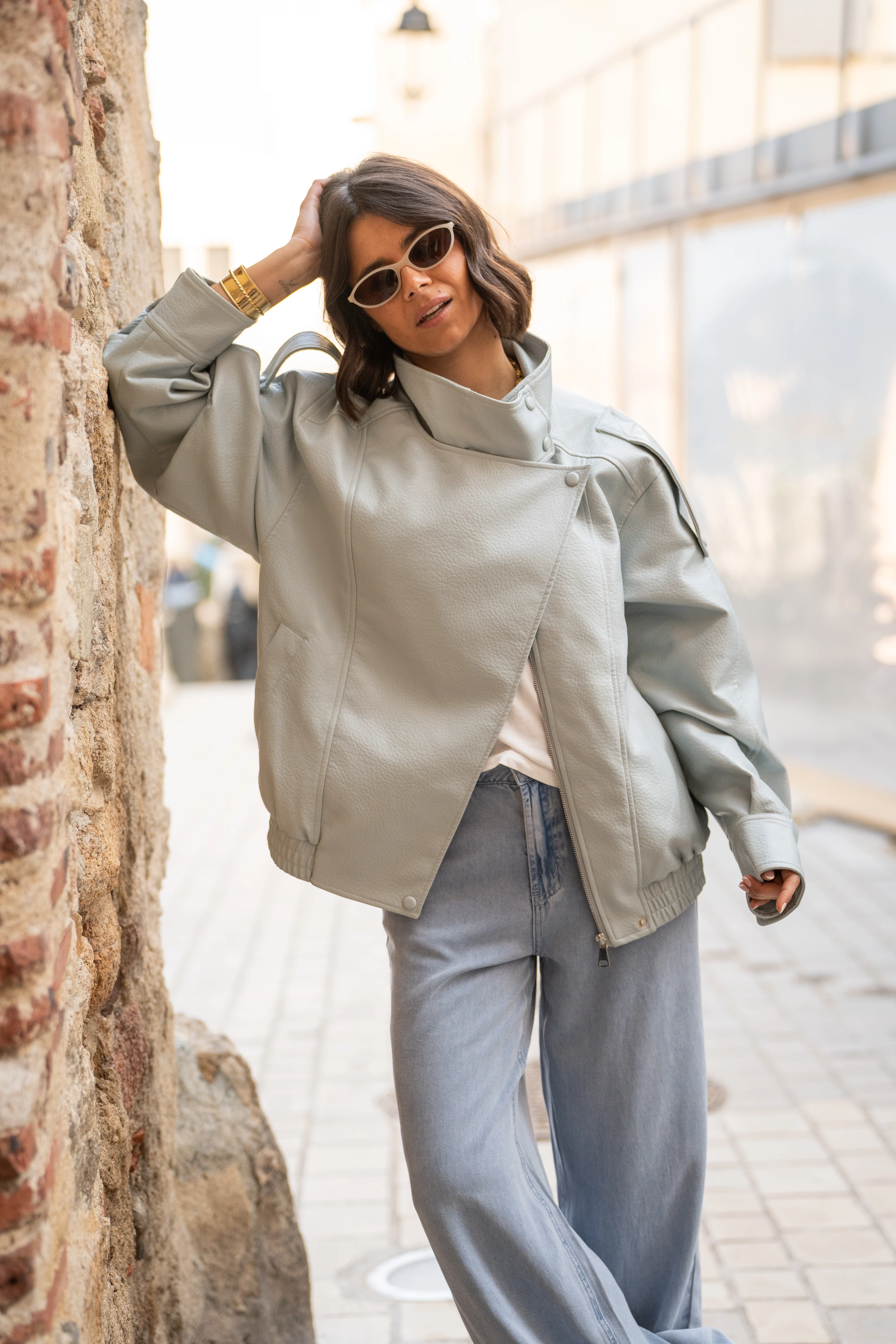 Bombers COL MONTANT façon cuir bleu ciel - Image 5