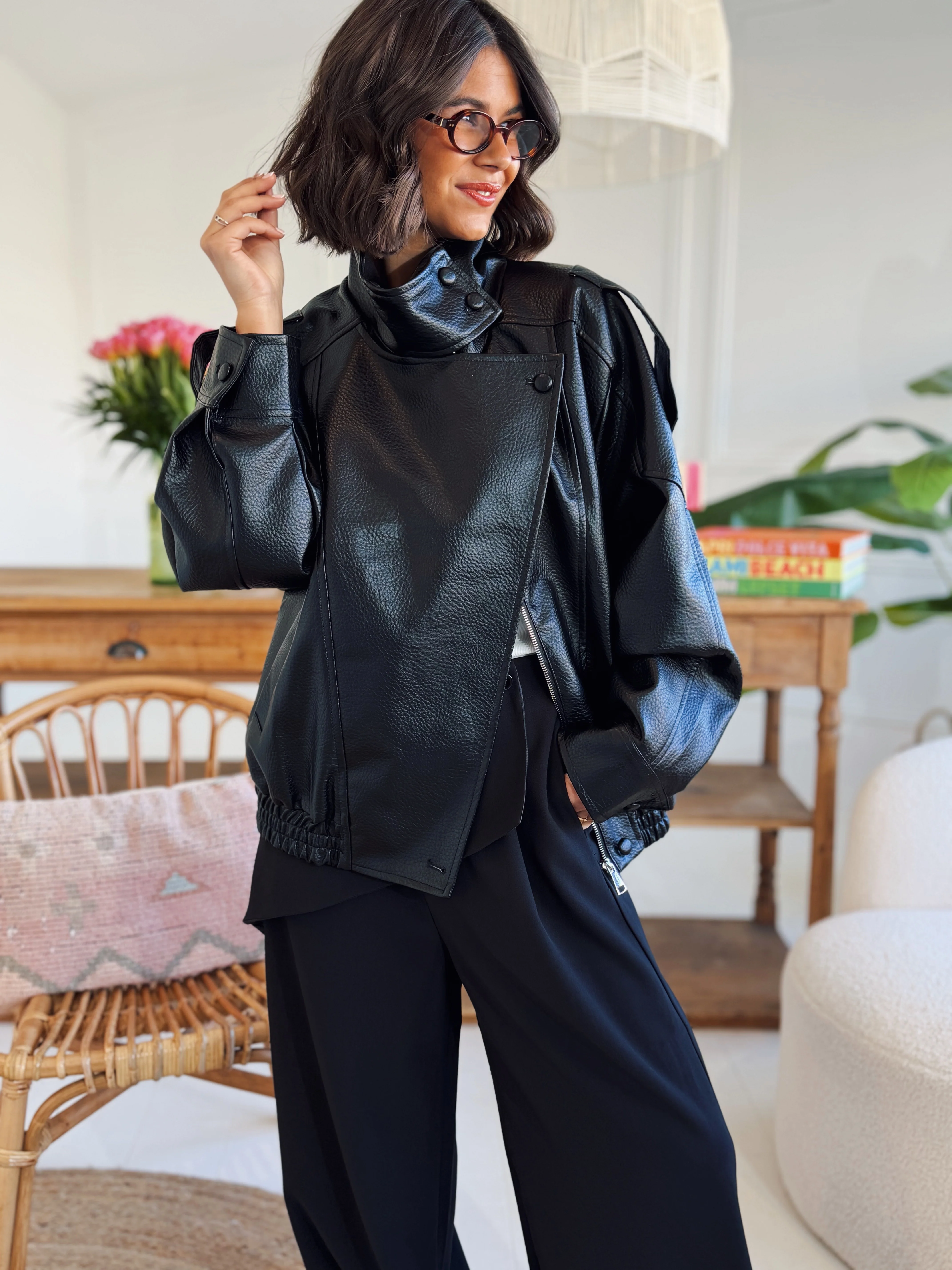 Bombers COL MONTANT façon cuir noir