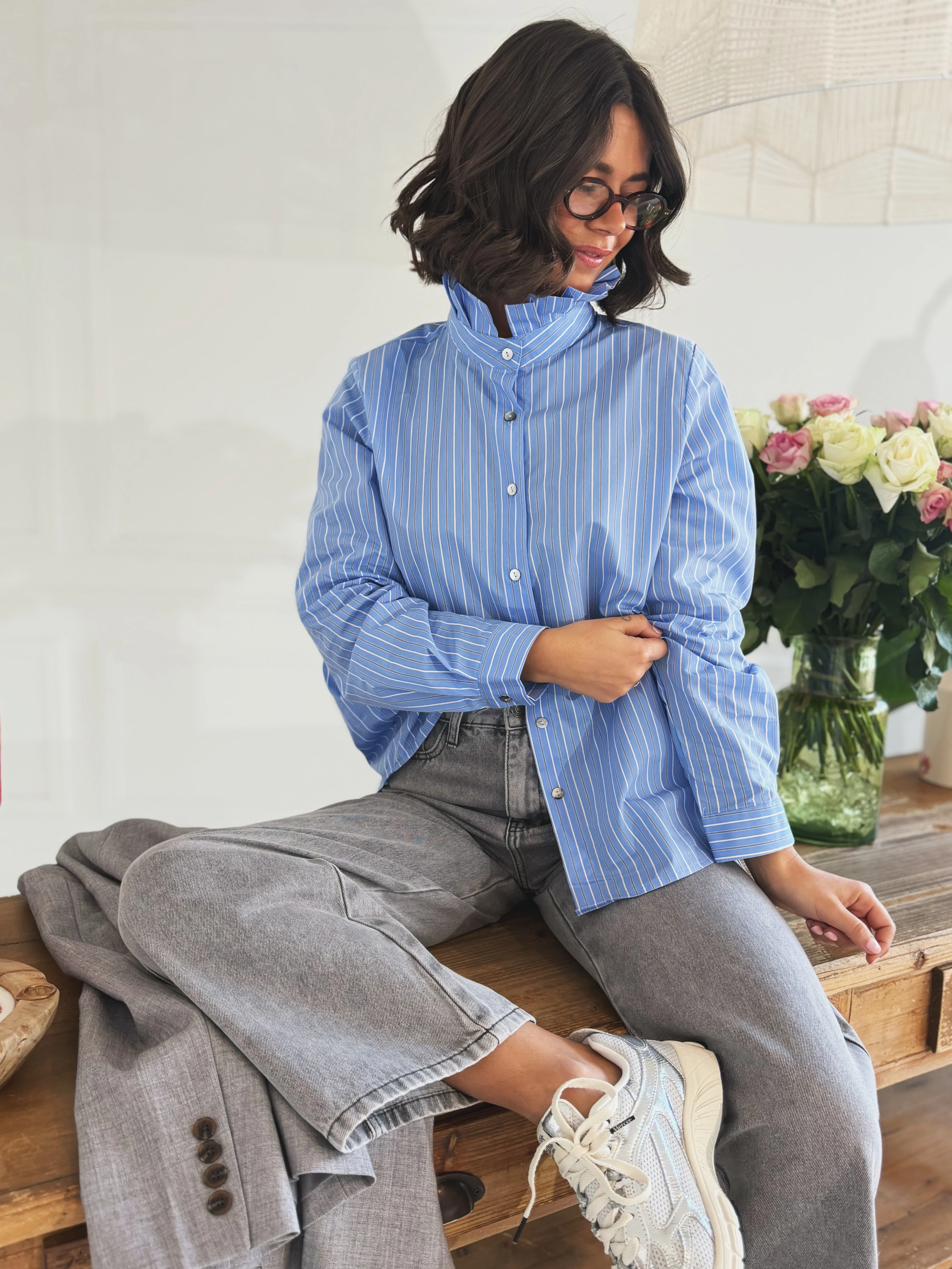 Chemise col victorien rayée bleu&gris - Image 6