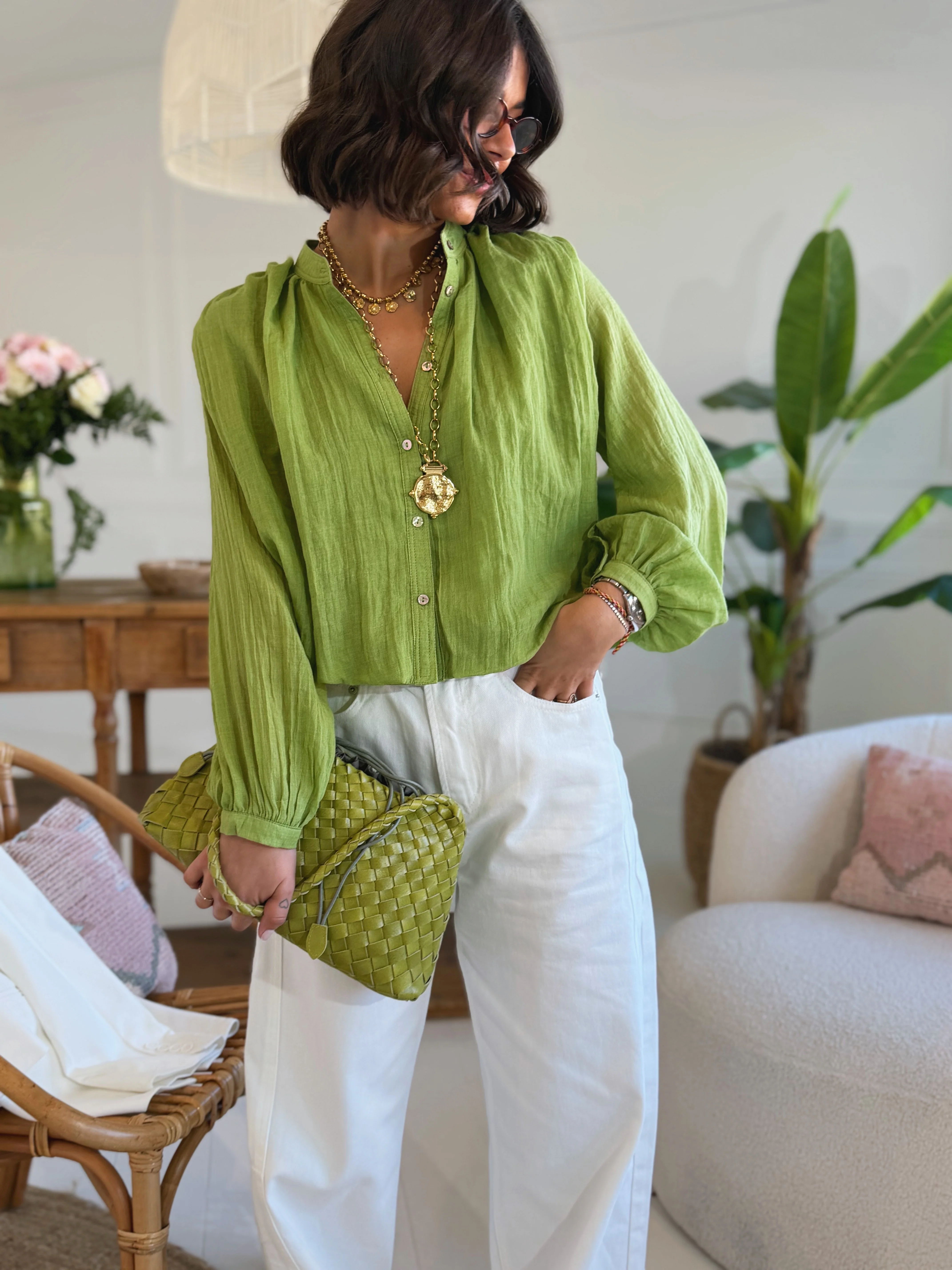 Chemise courte en voile de coton LYLOU vert olive