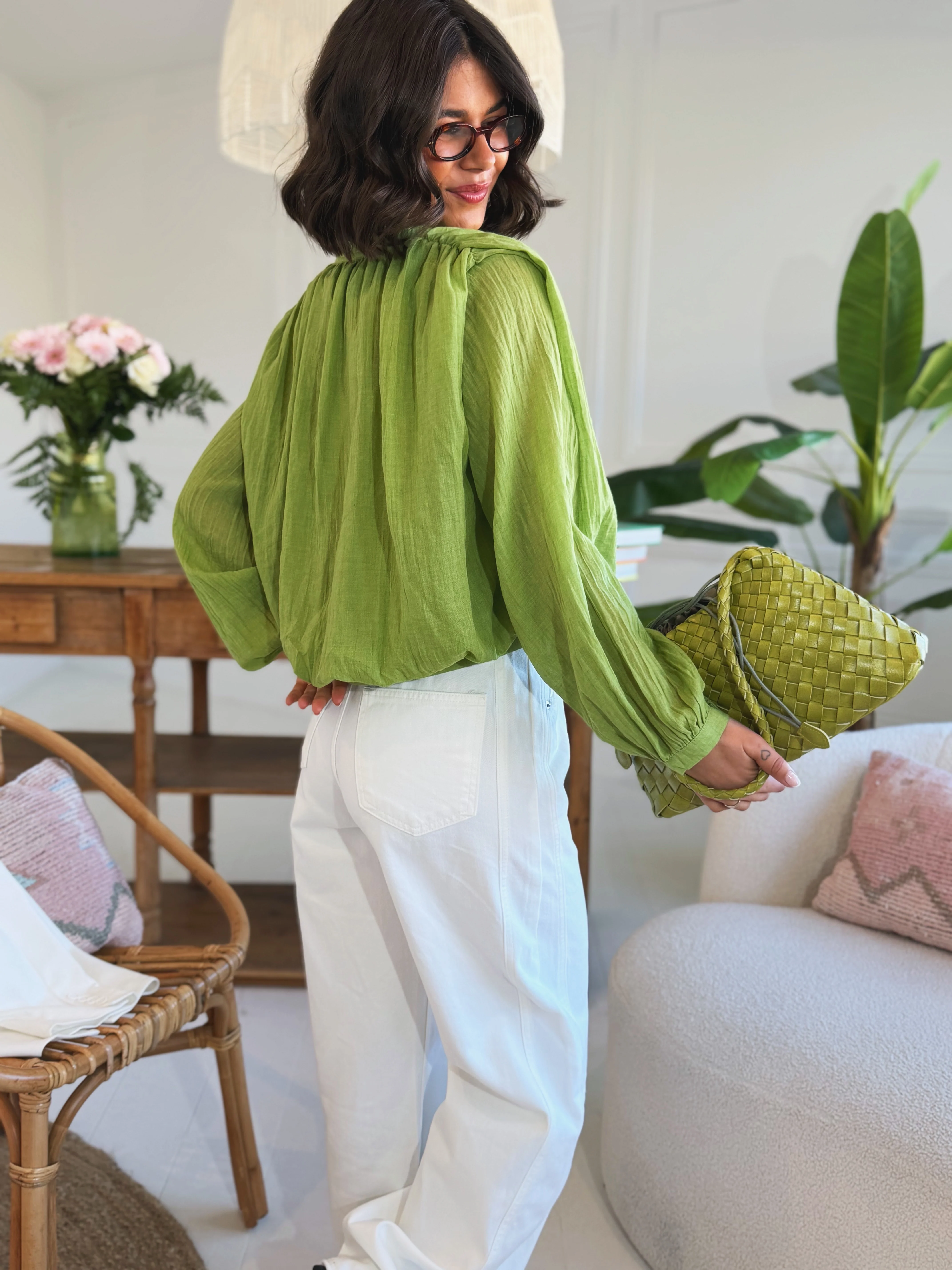 Chemise courte en voile de coton LYLOU vert olive - Image 2
