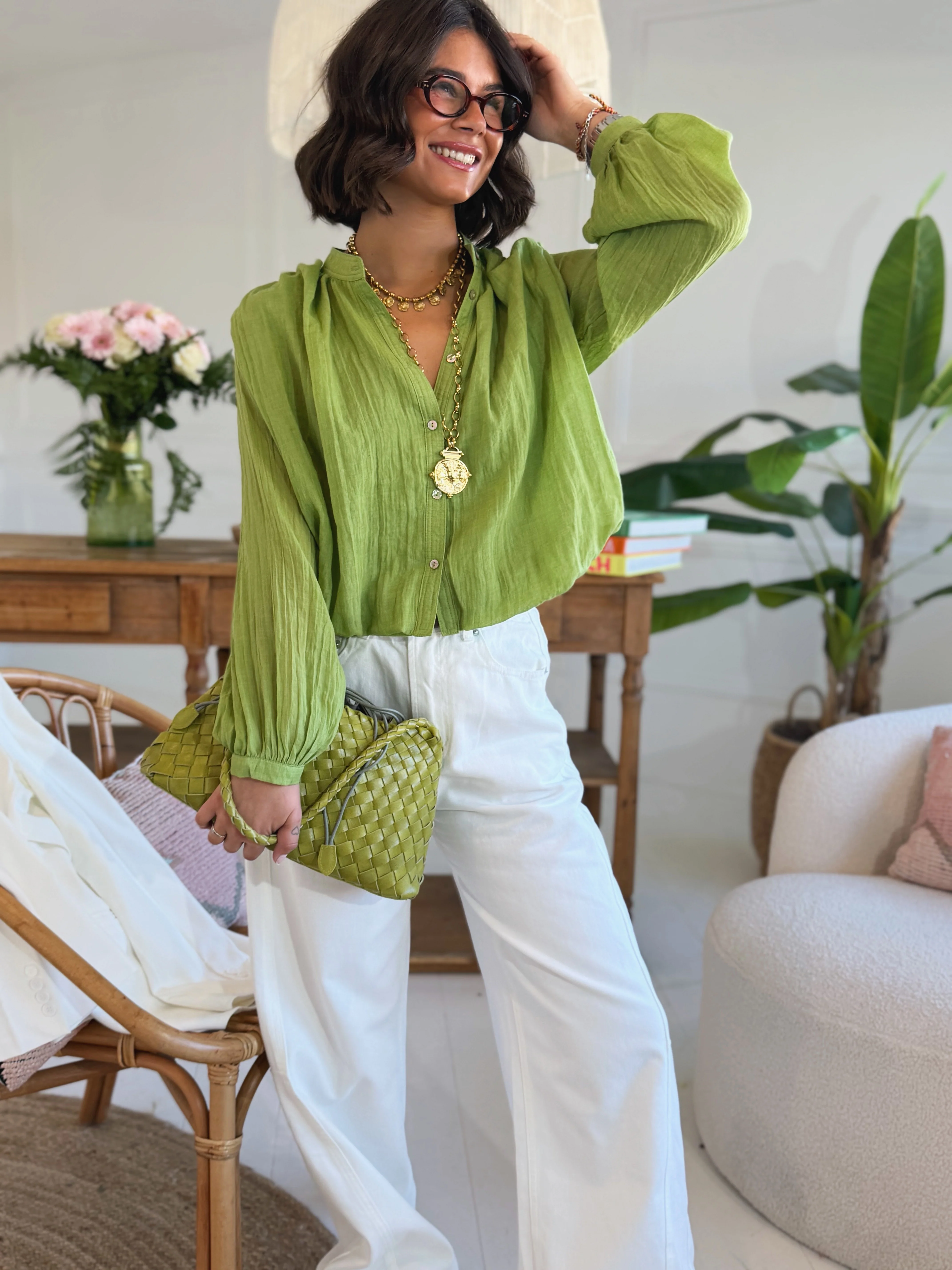 Chemise courte en voile de coton LYLOU vert olive - Image 3