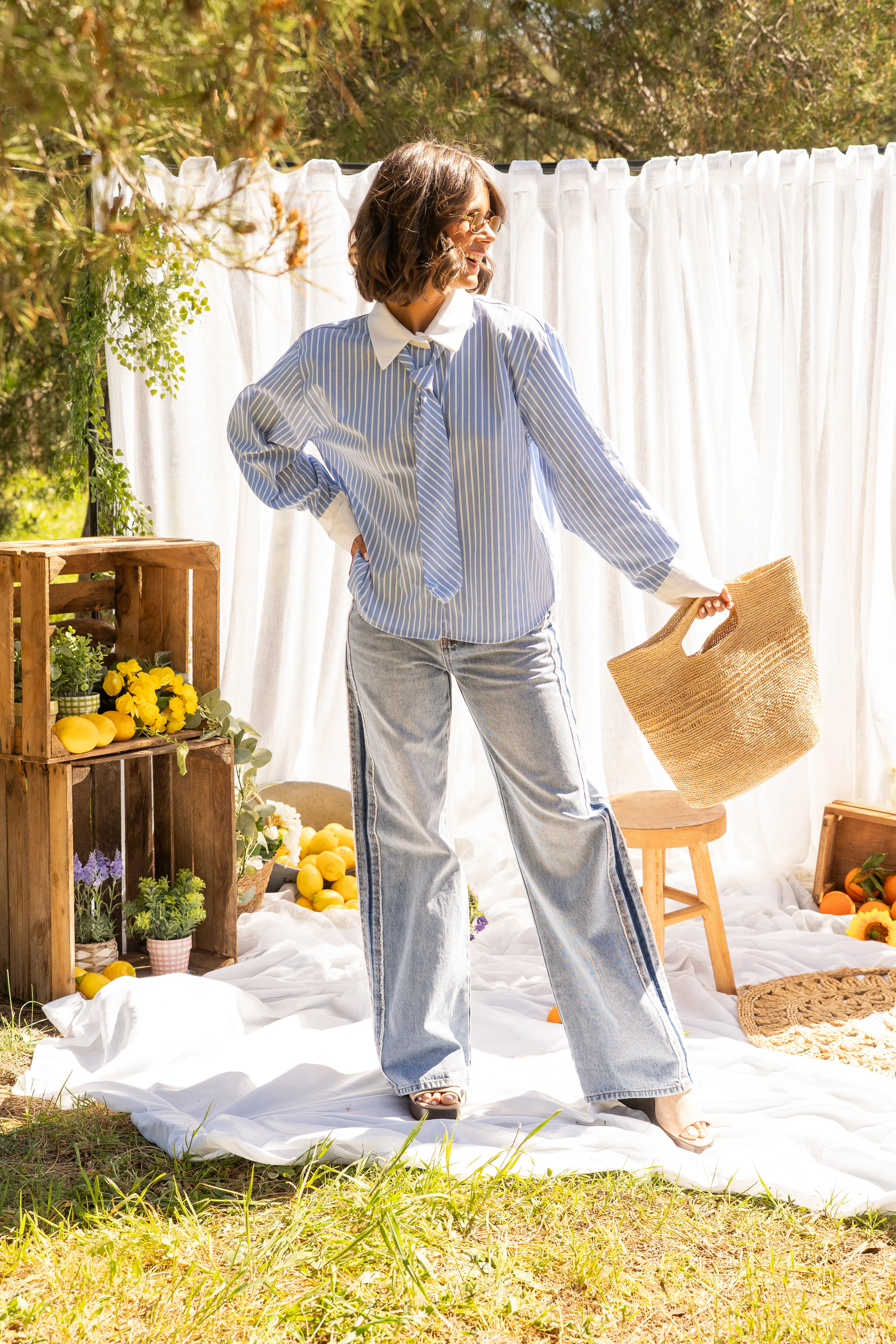 Chemise cravate rayée bleu col blanc