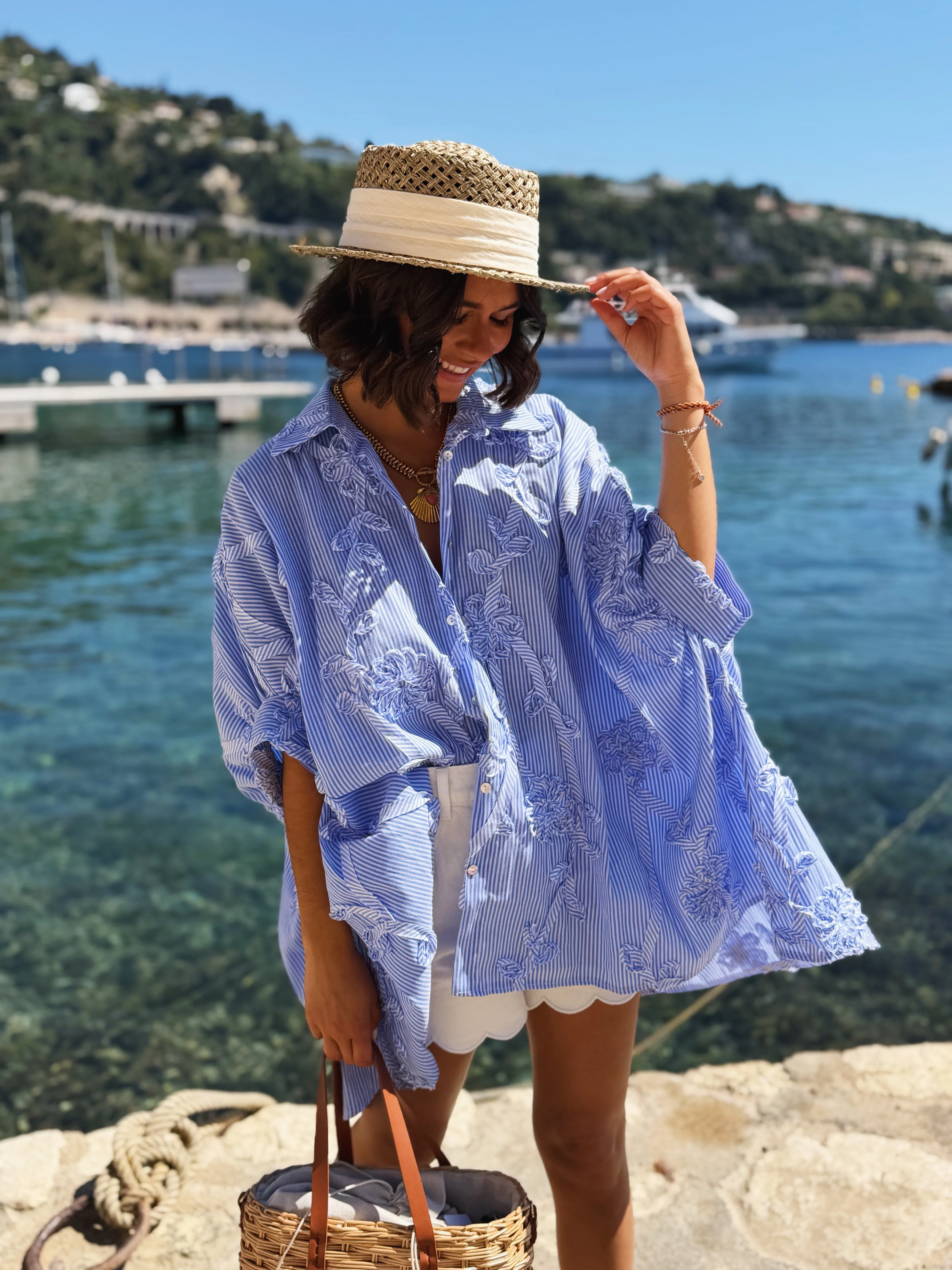 Chemise POPPY bleu rayée & brodée
