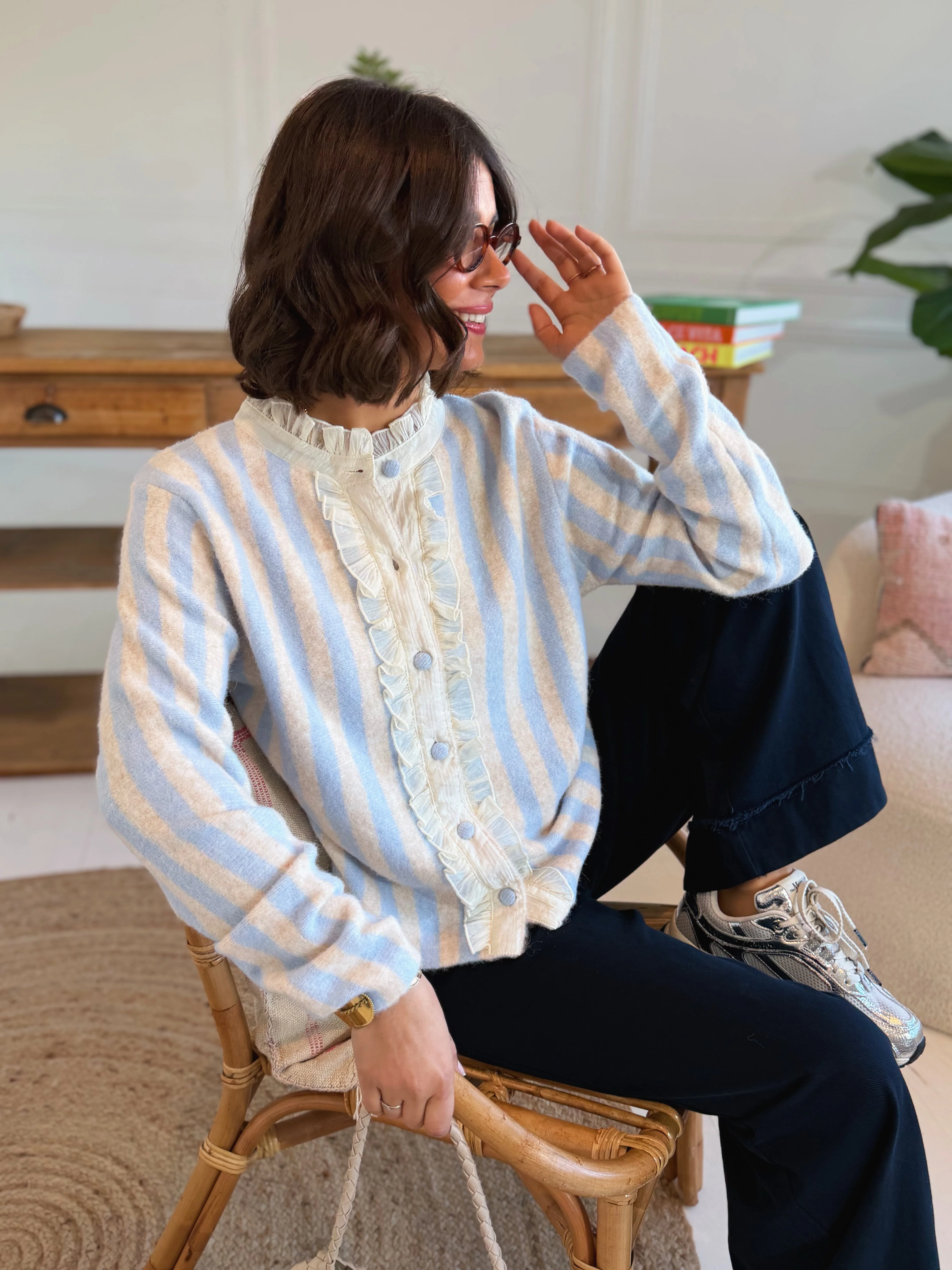 Gilet DOUCEUR rayé bleu ciel & beige