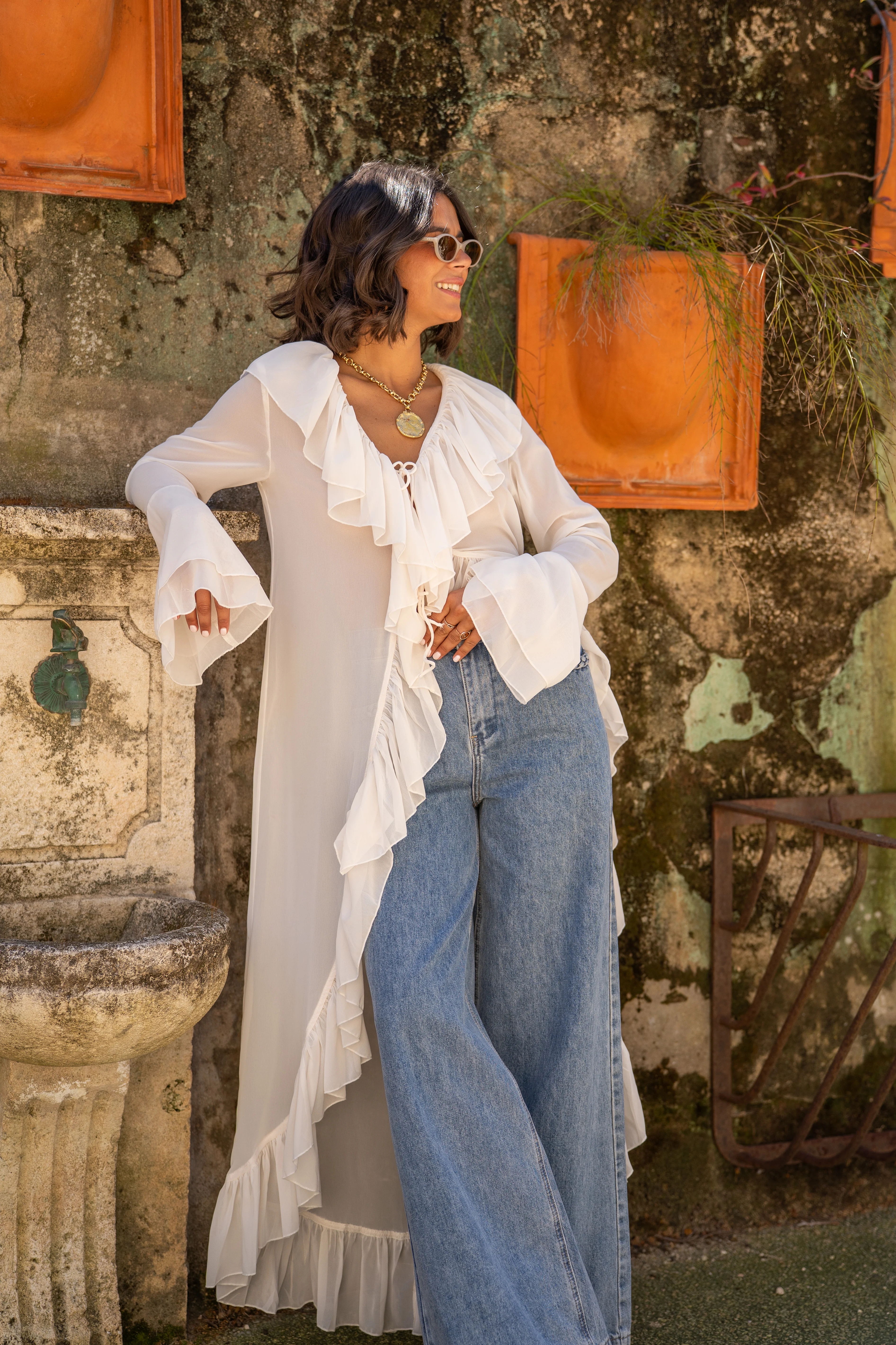 Robe kimono transparent à volants