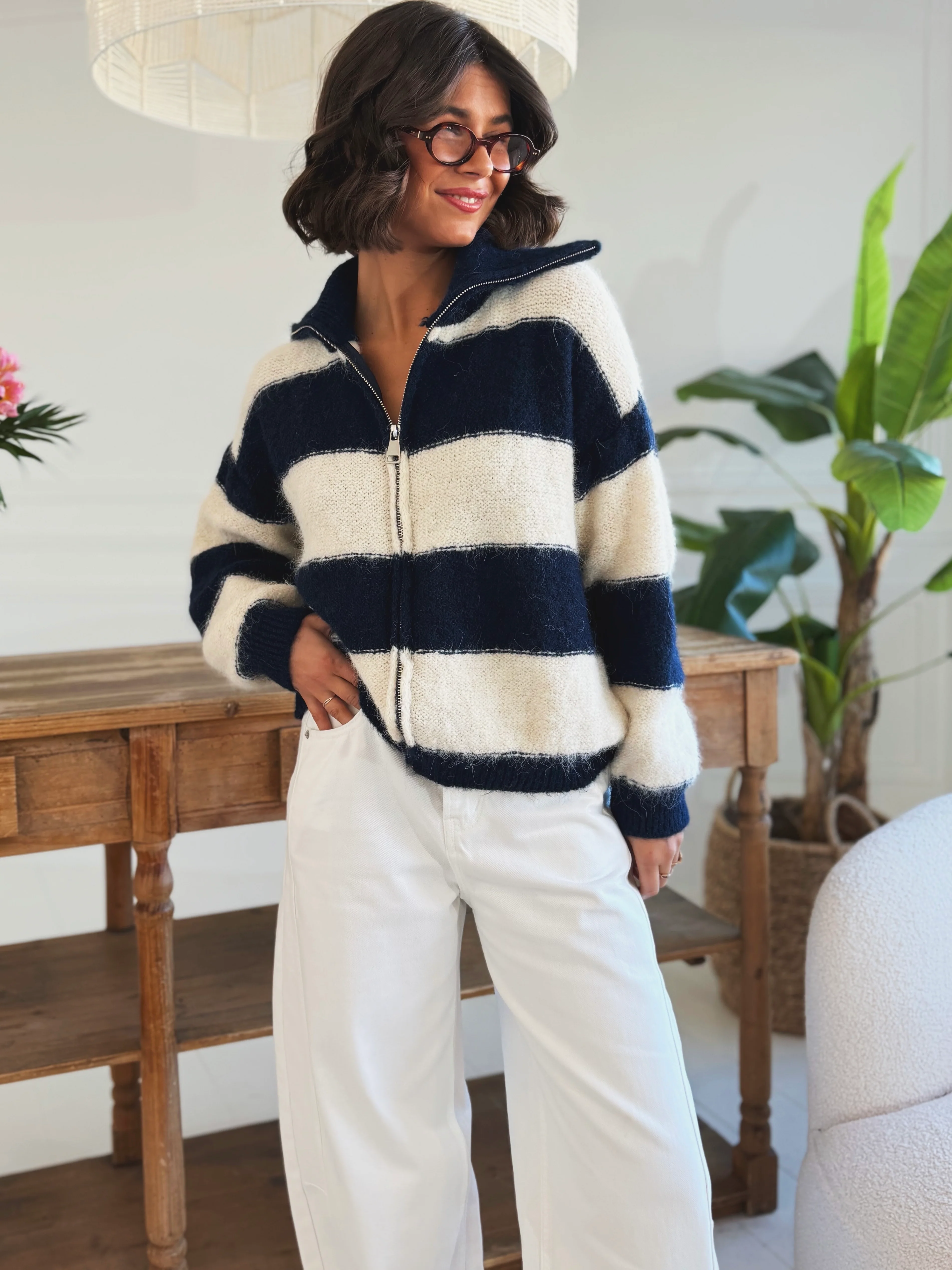 Gilet ZIP rayé marine/écru - Image 2
