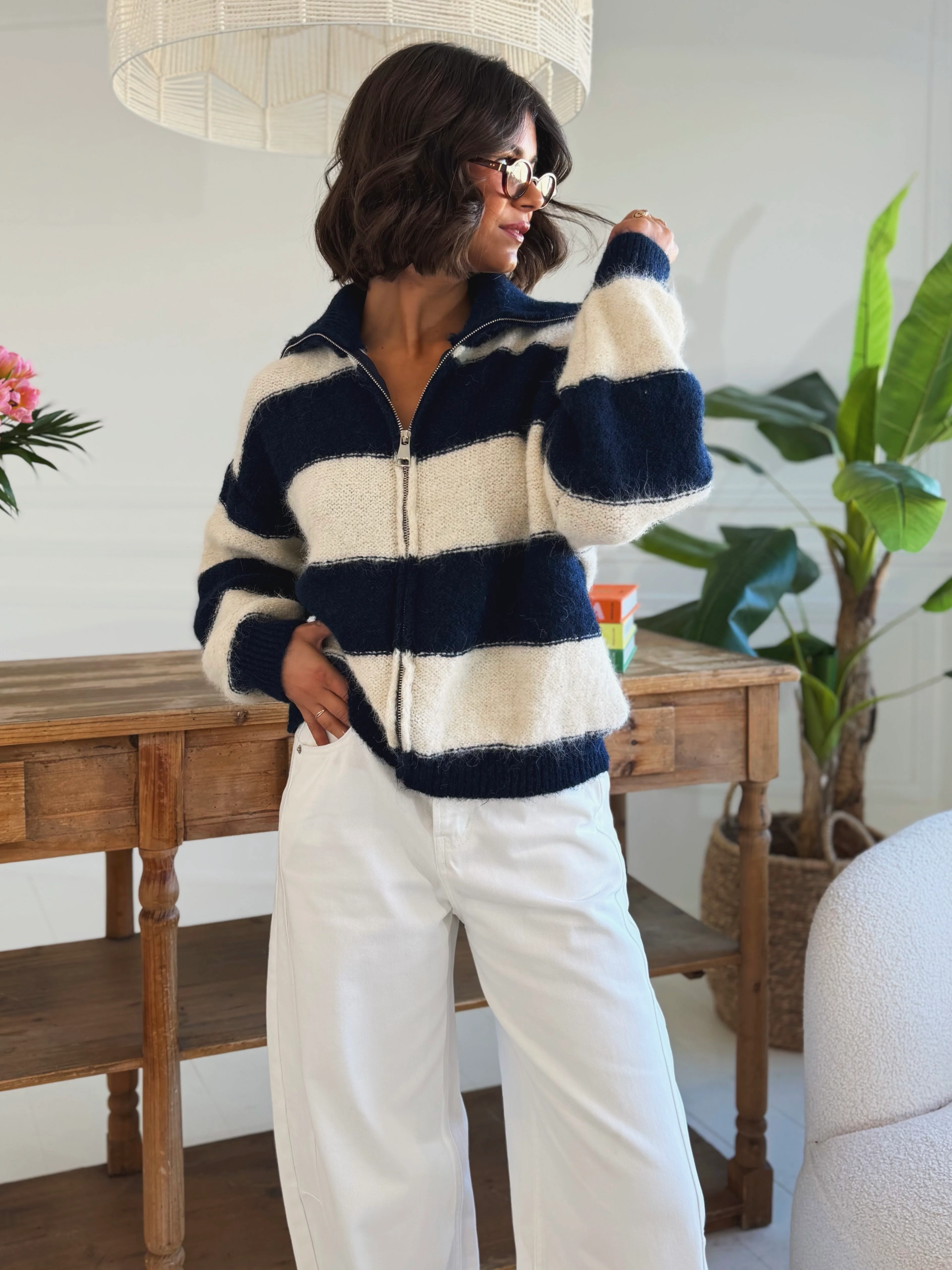 Gilet ZIP rayé marine/écru - Image 3
