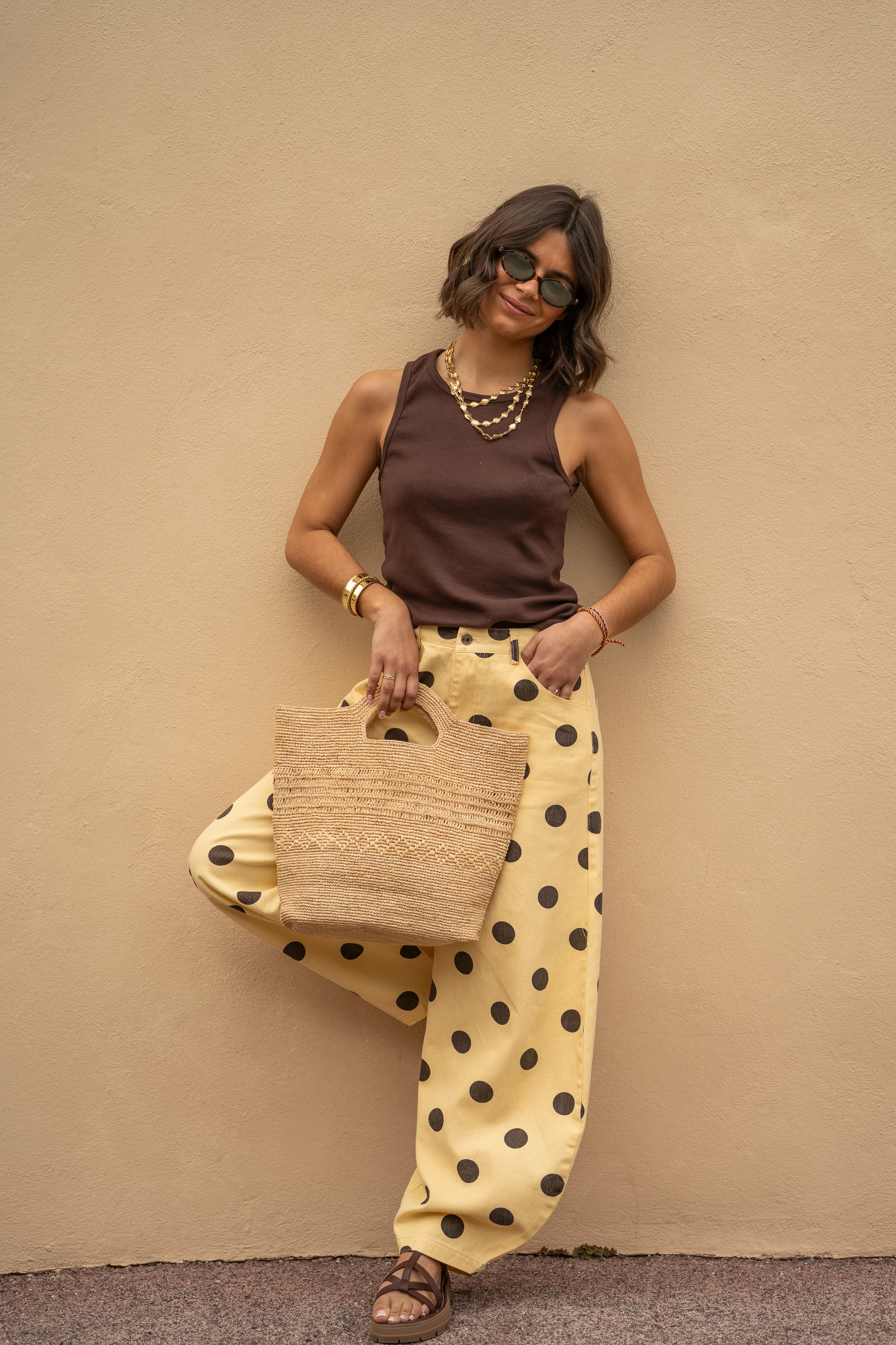 Pantalon POLKA DOTS jaune&chocolat - Image 4