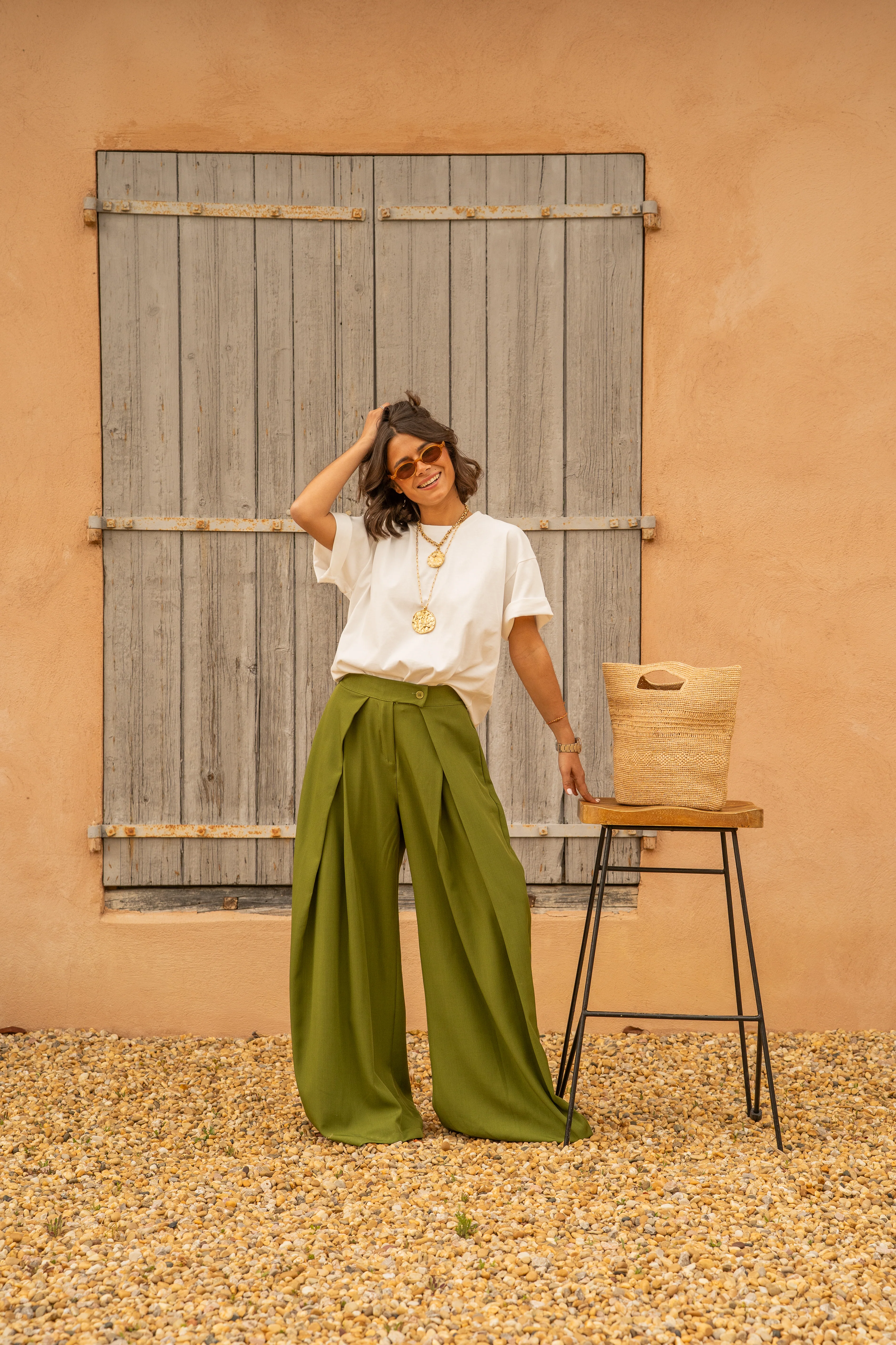Pantalon fluide large vert olive