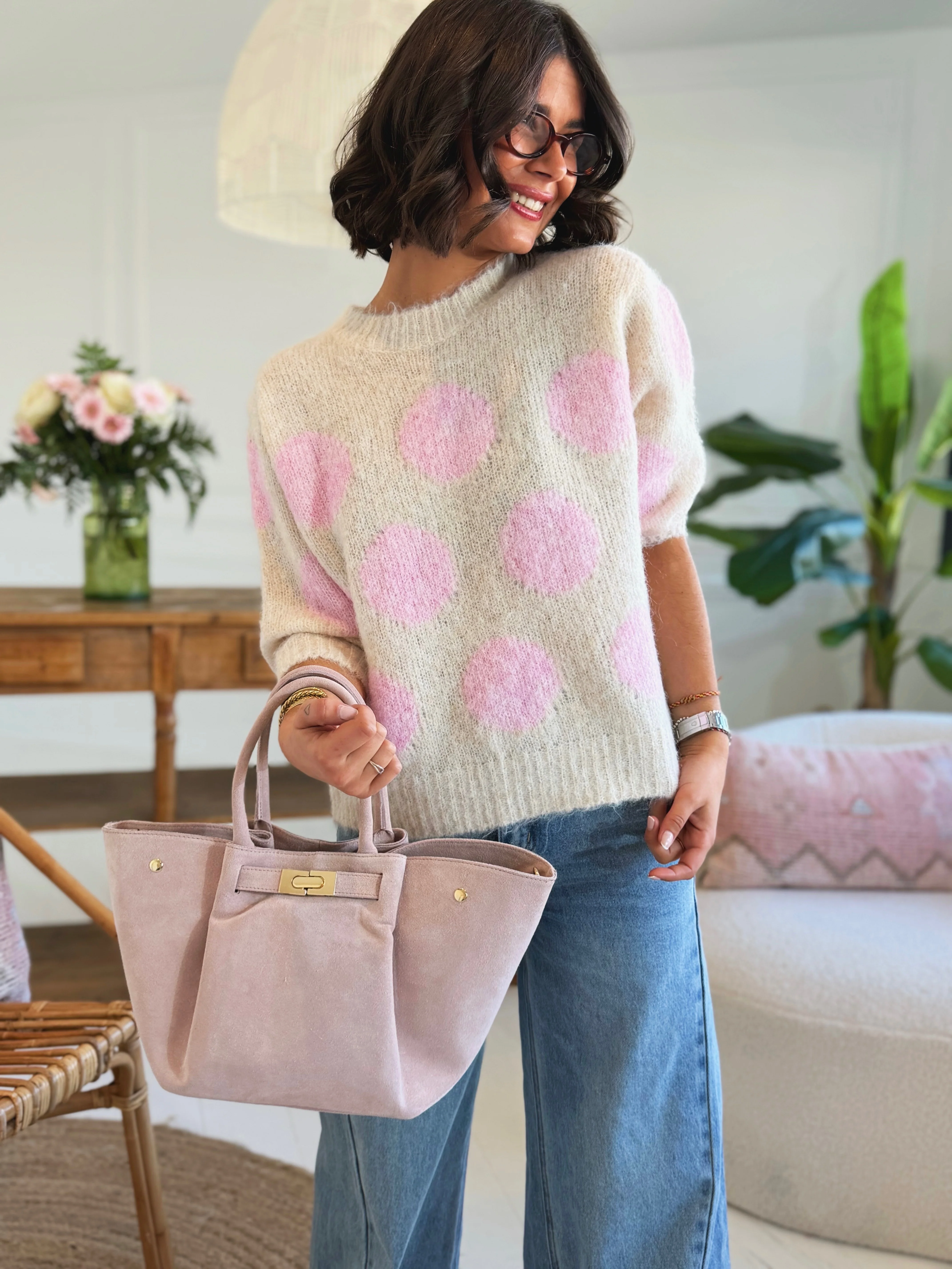 Pull à POIS écru&rose - Image 2