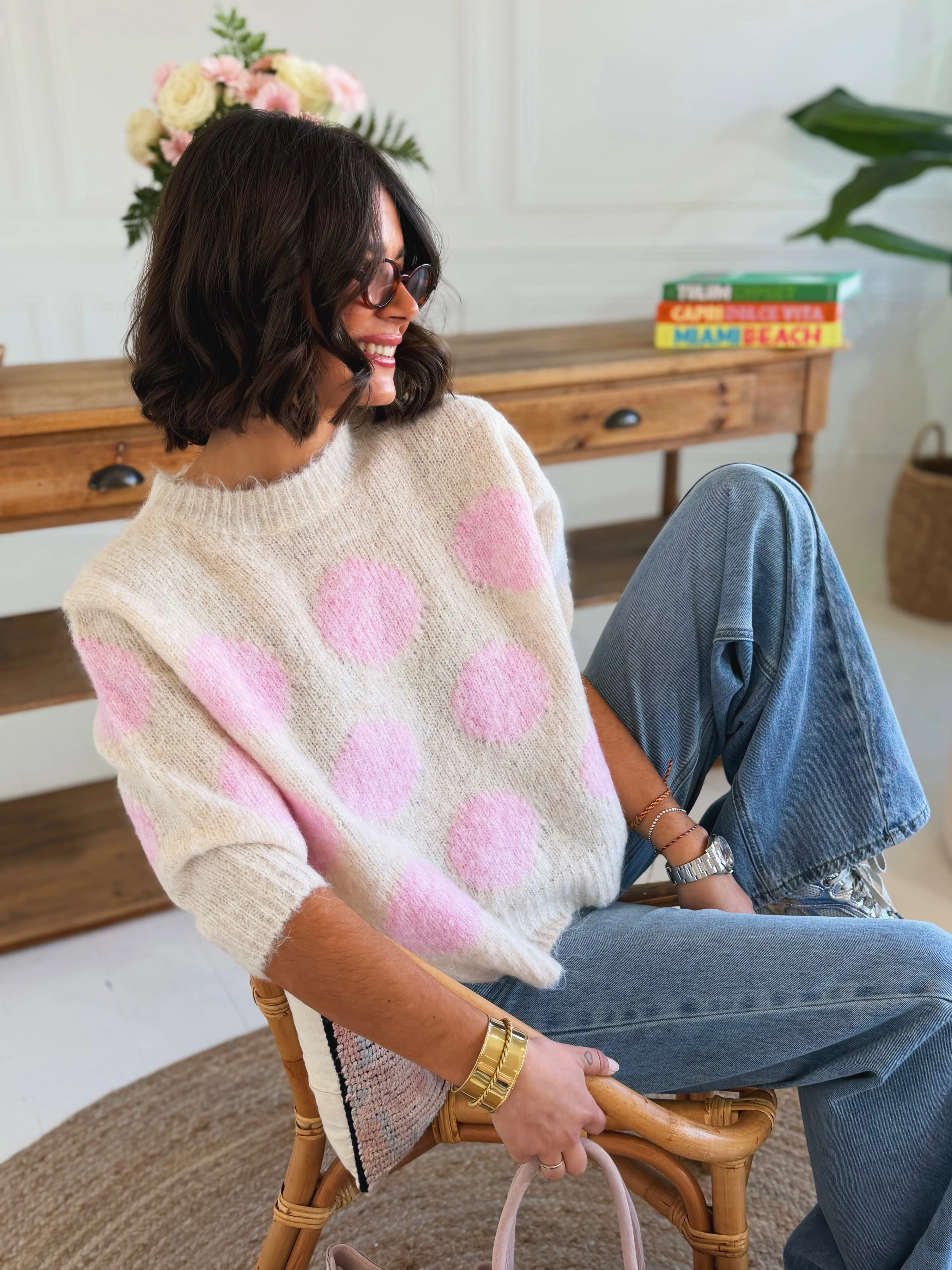 Pull à POIS écru&rose - Image 3