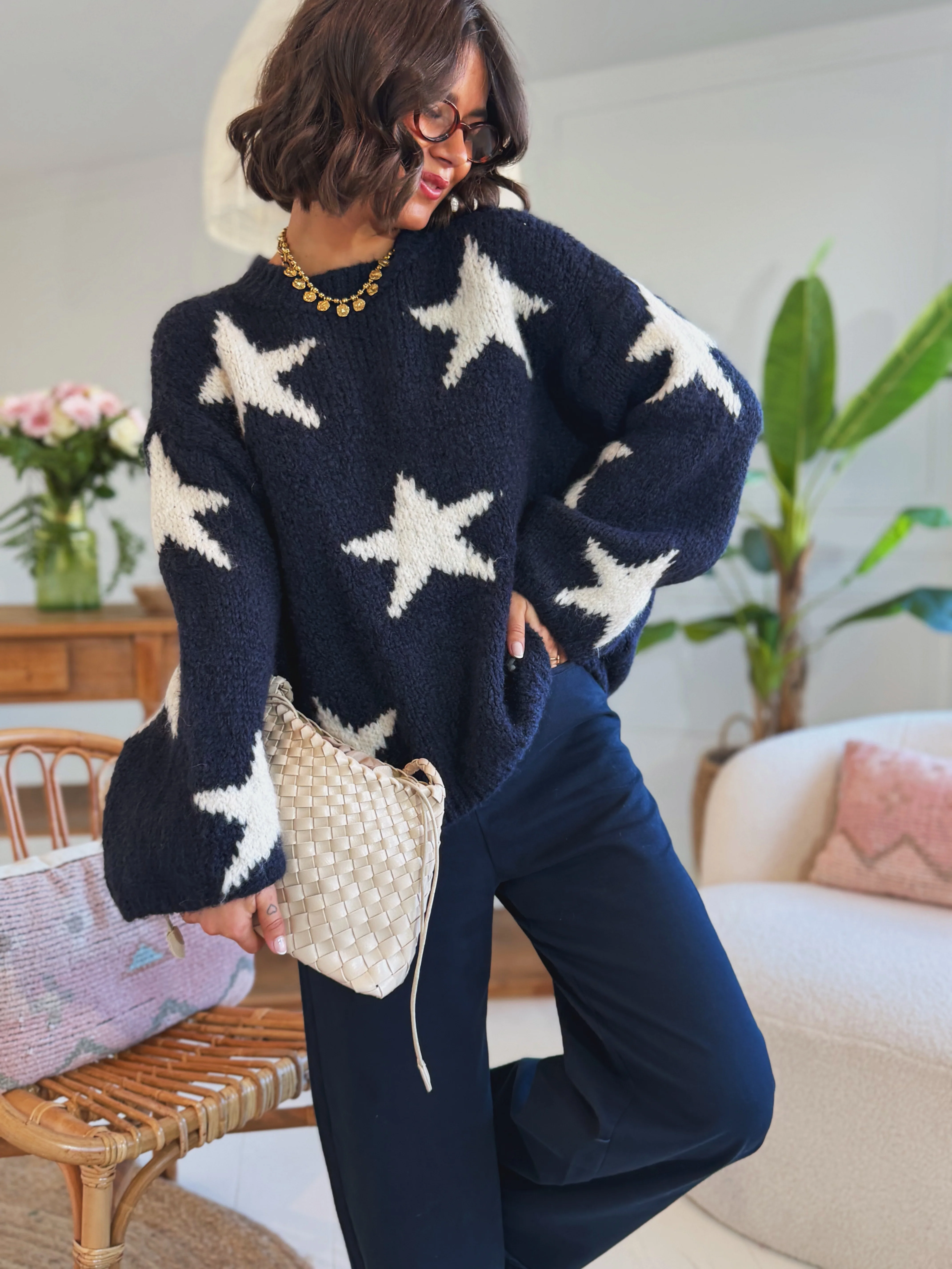 Pull ÉTOILE bleu marine&blanc