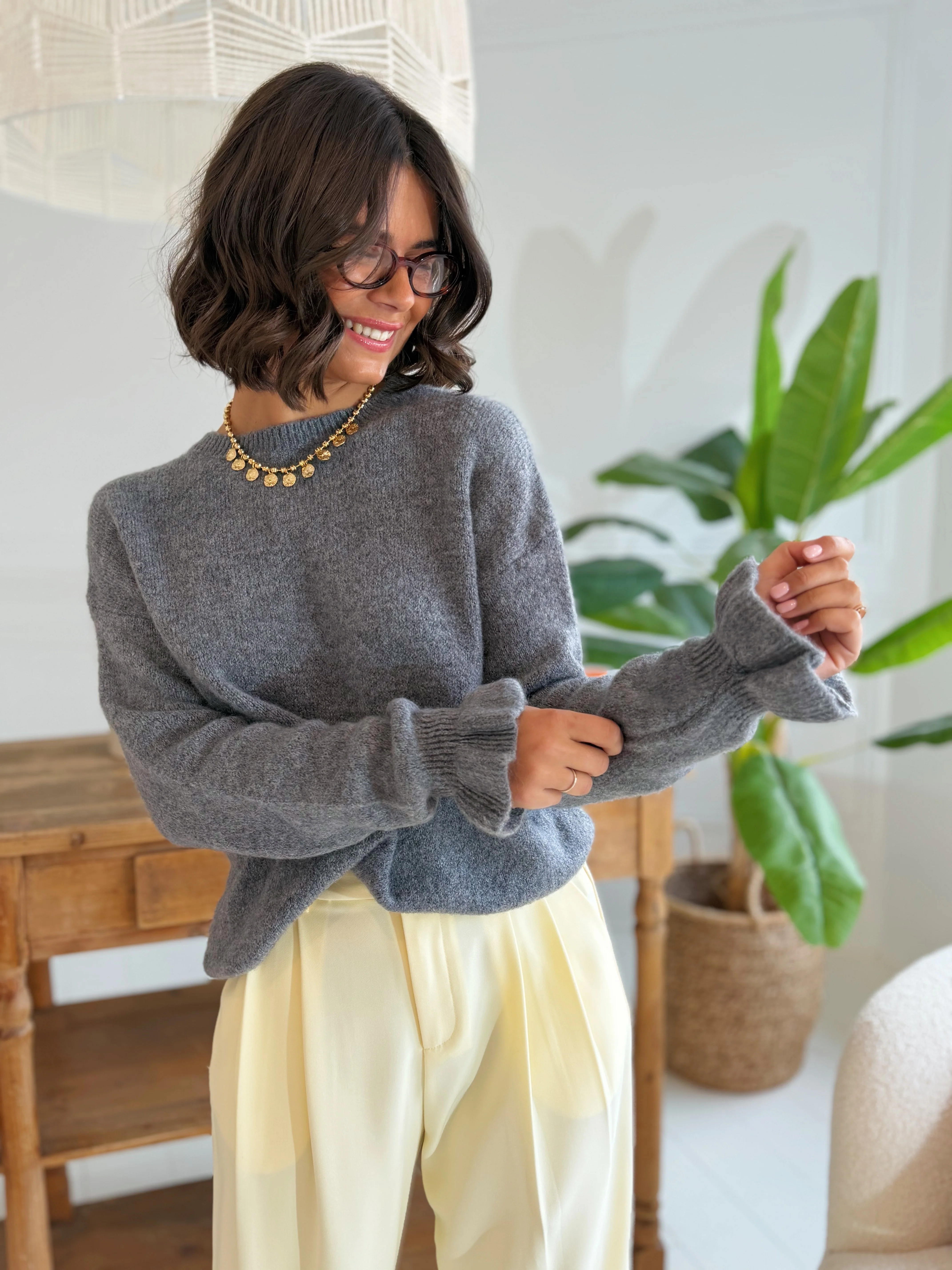 Pull FLEUR gris