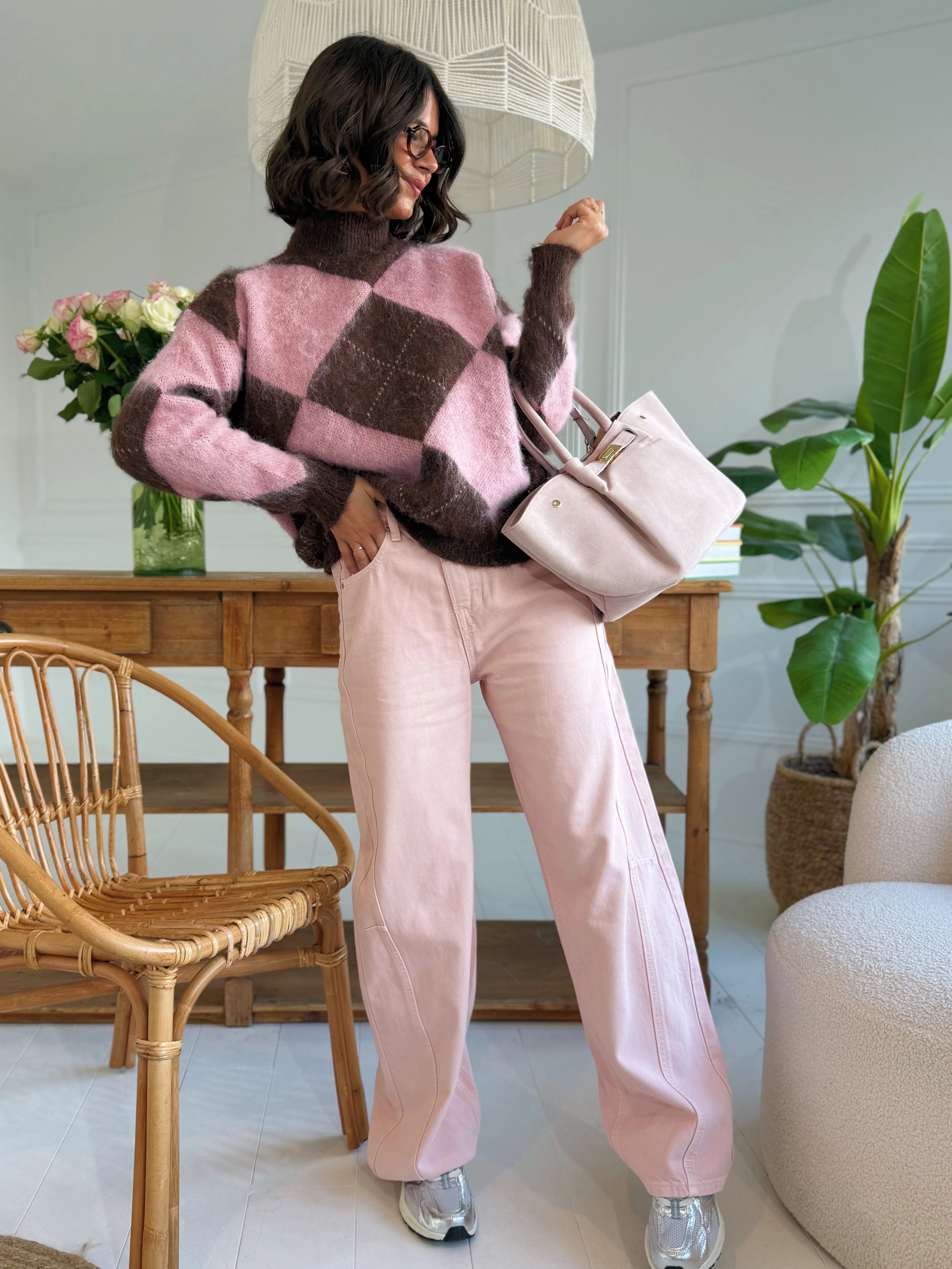 Pull JACQUARD col cheminée rose&marron - Image 2
