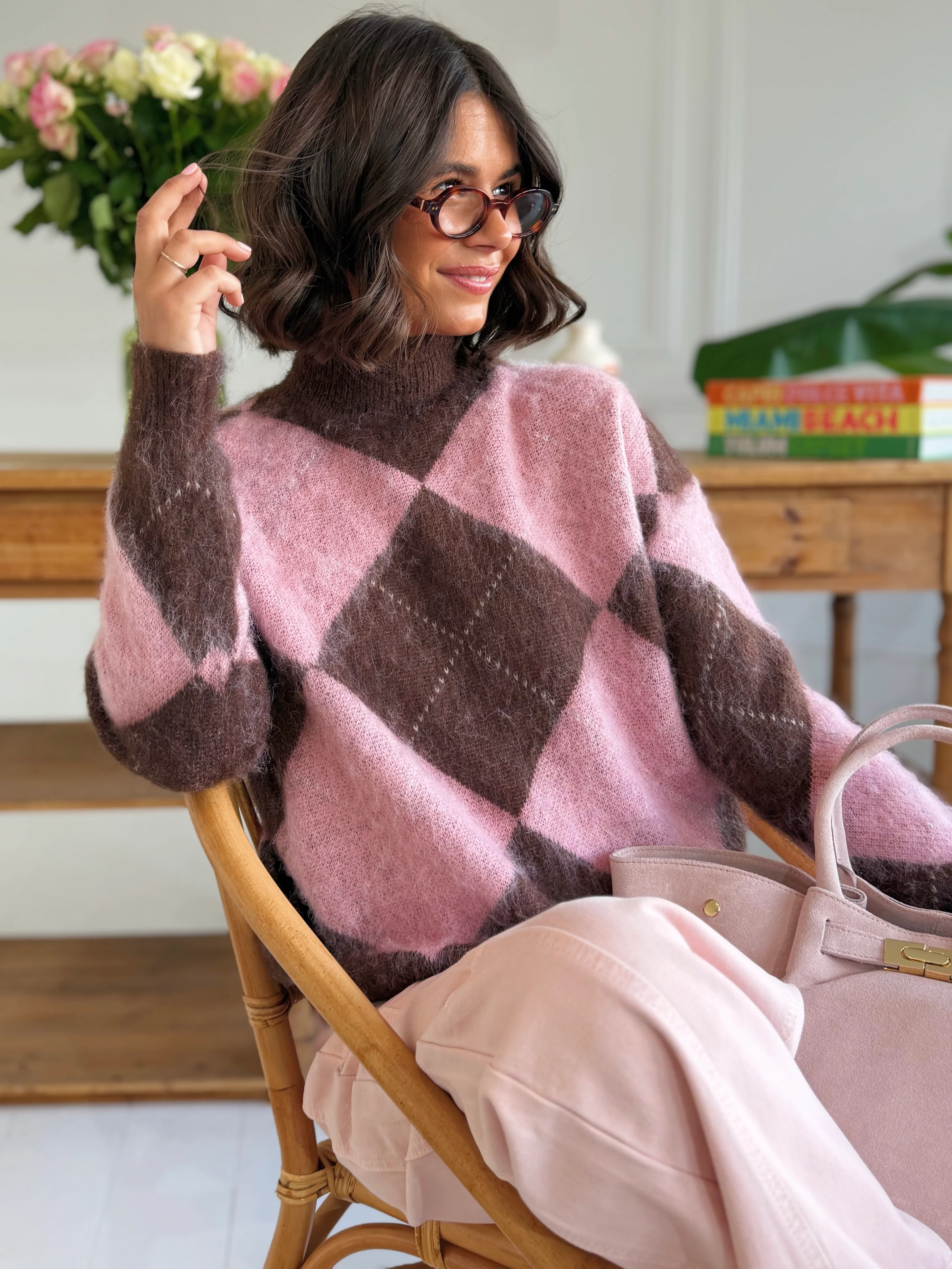 Pull JACQUARD col cheminée rose&marron - Image 5