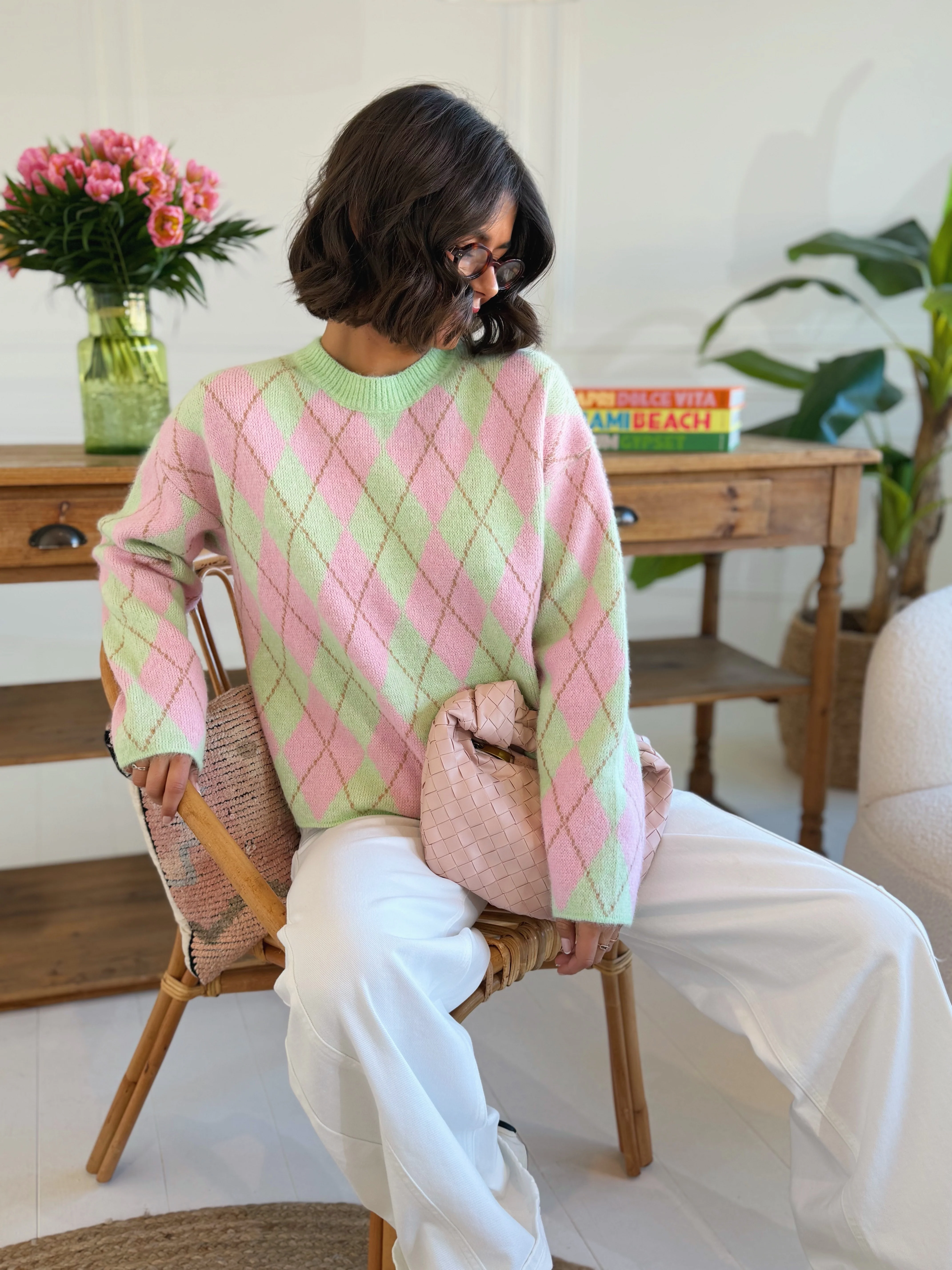 Pull JACQUARD rose&vert - Image 2