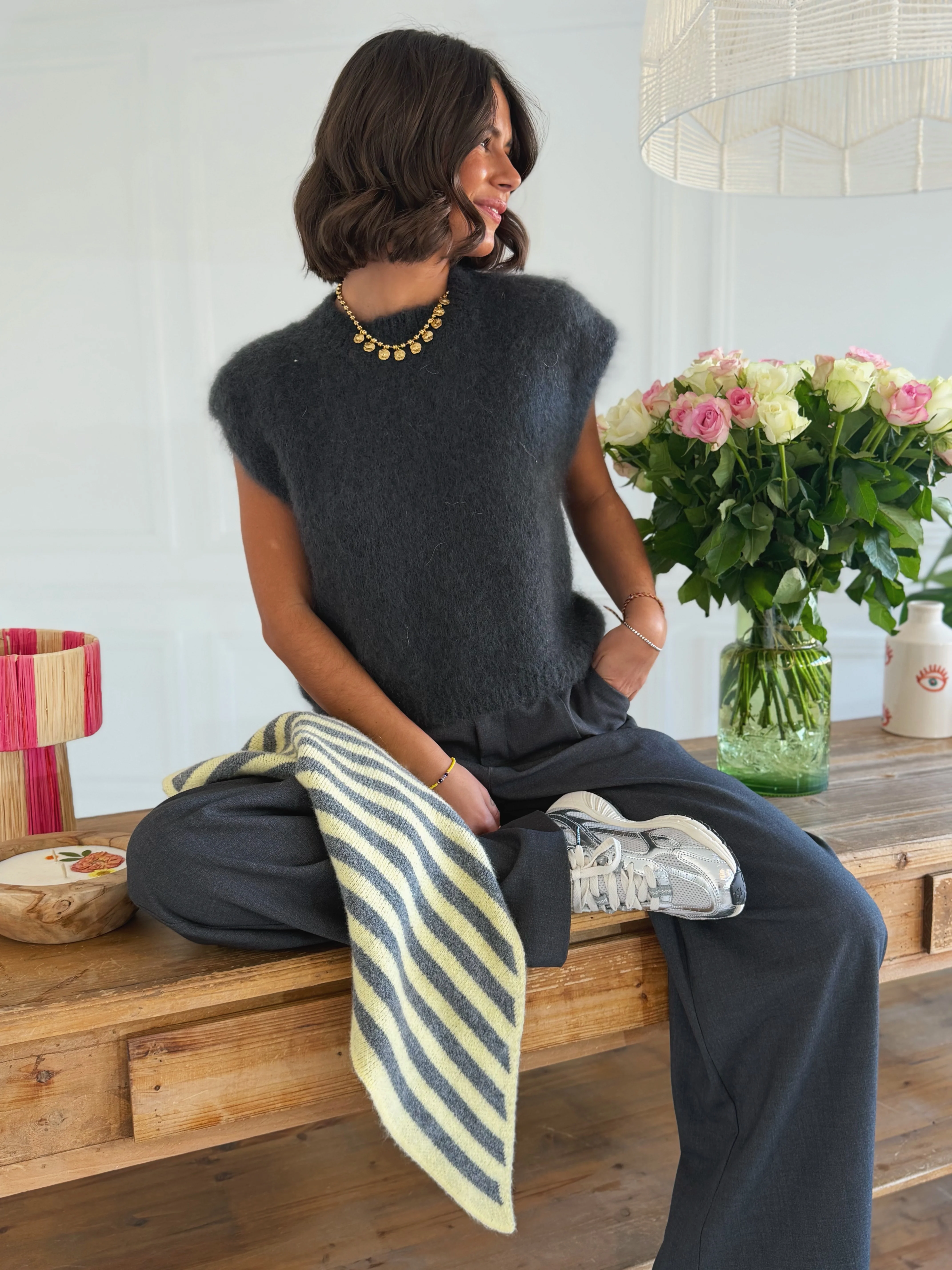 Pull sans manche MOHAIR gris anthracite