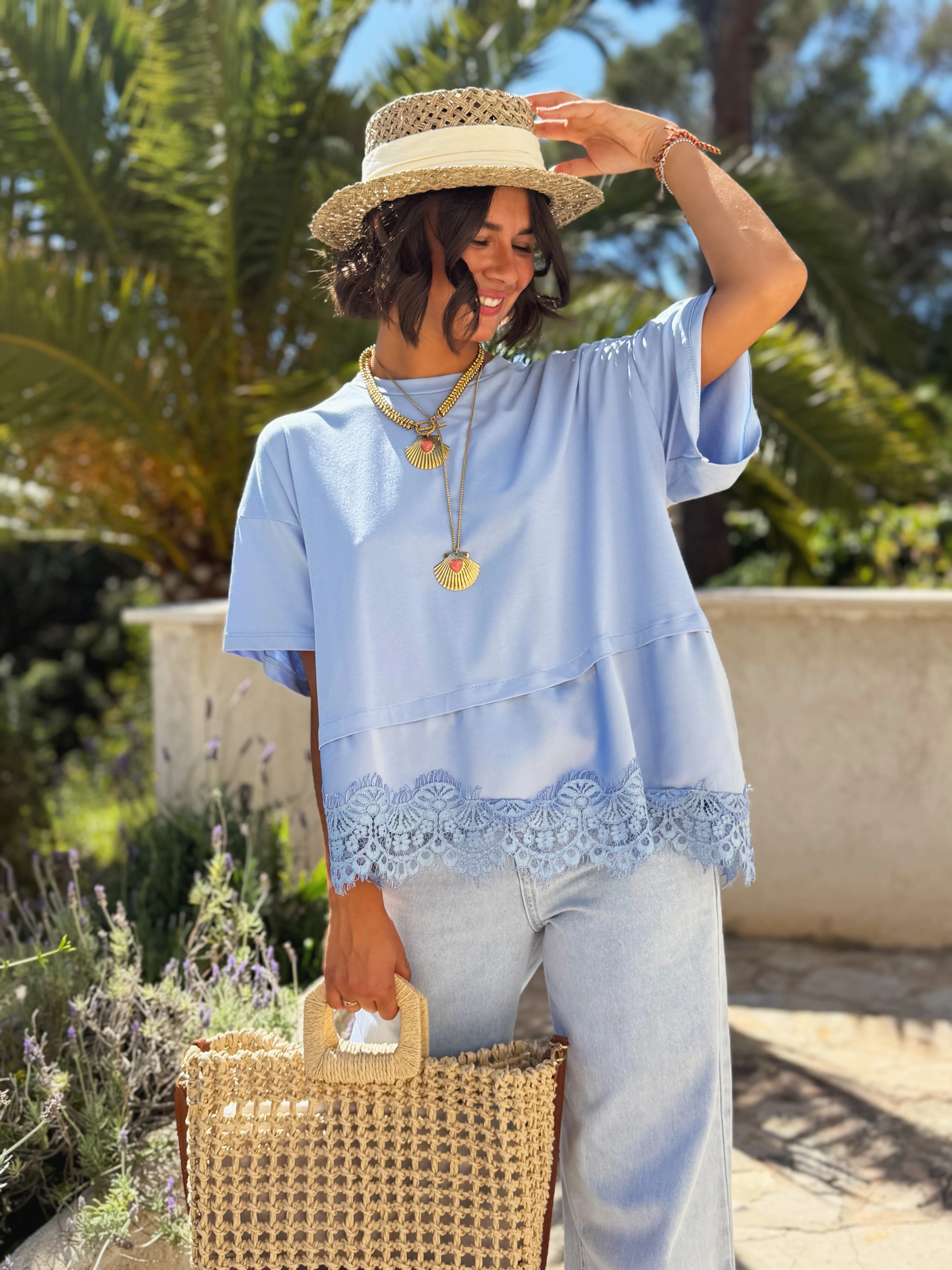 Tee-shirt dentelle bleu