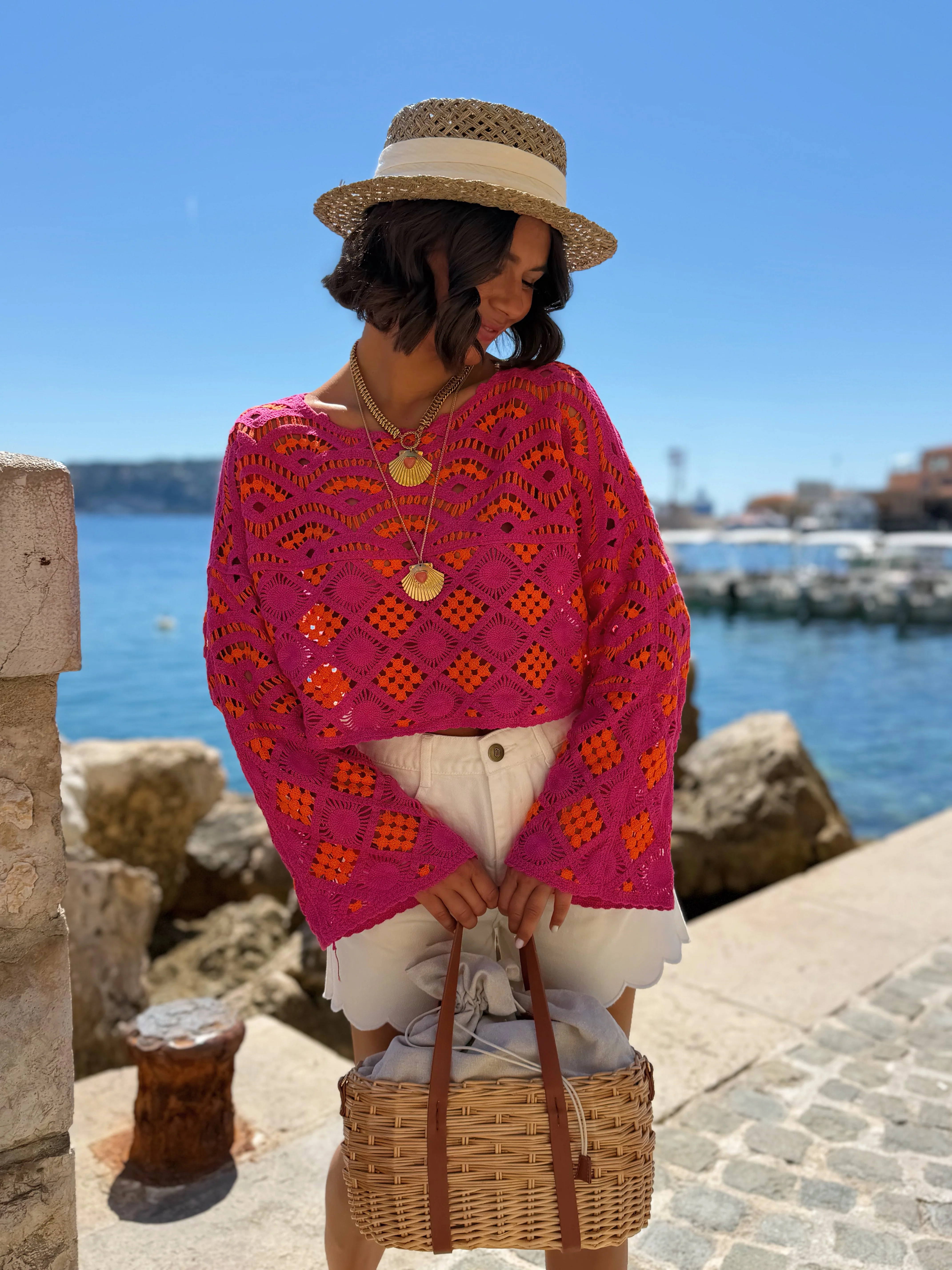 Top CROCHET rose&orange