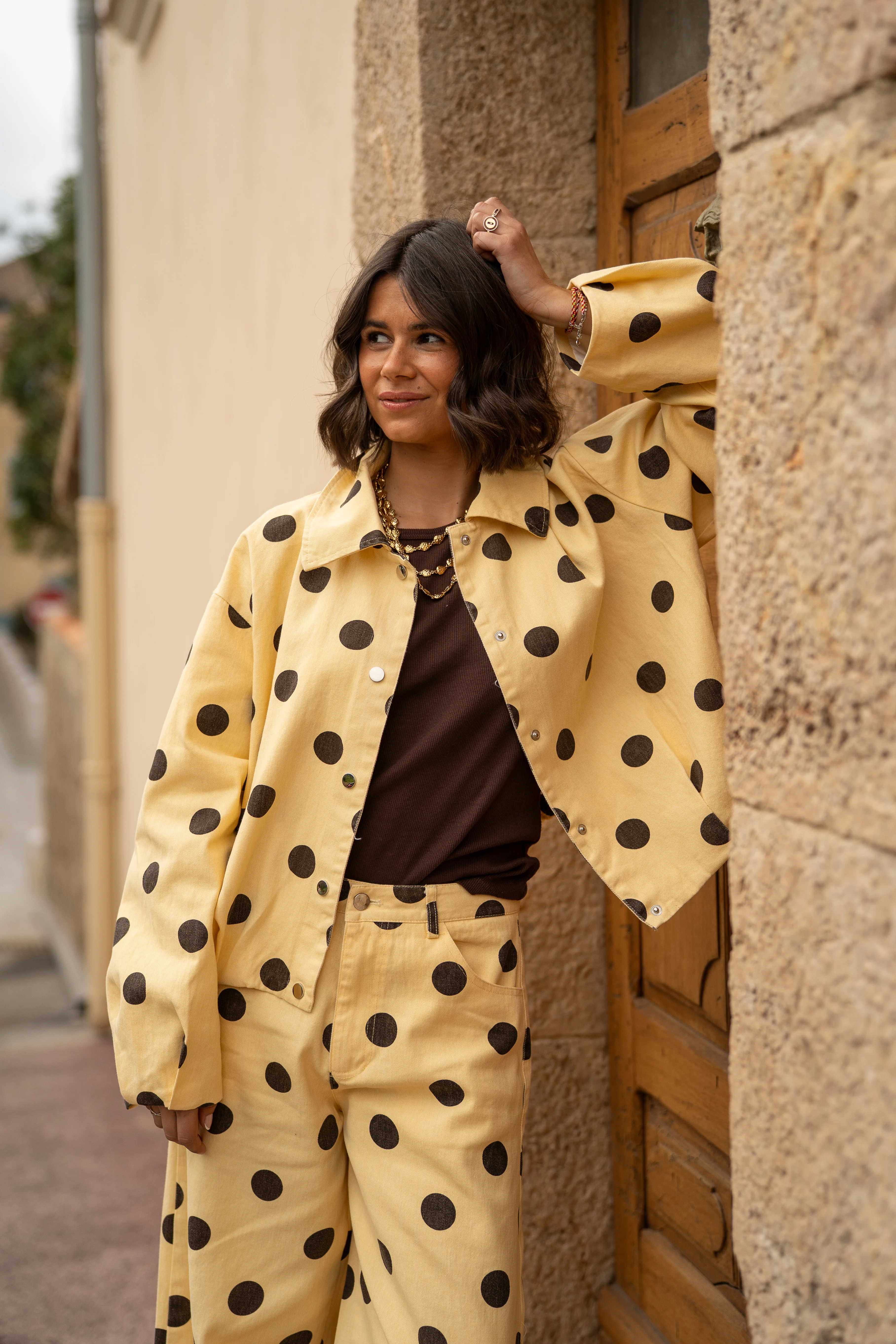 Veste POLKA DOTS jaune&chocolat